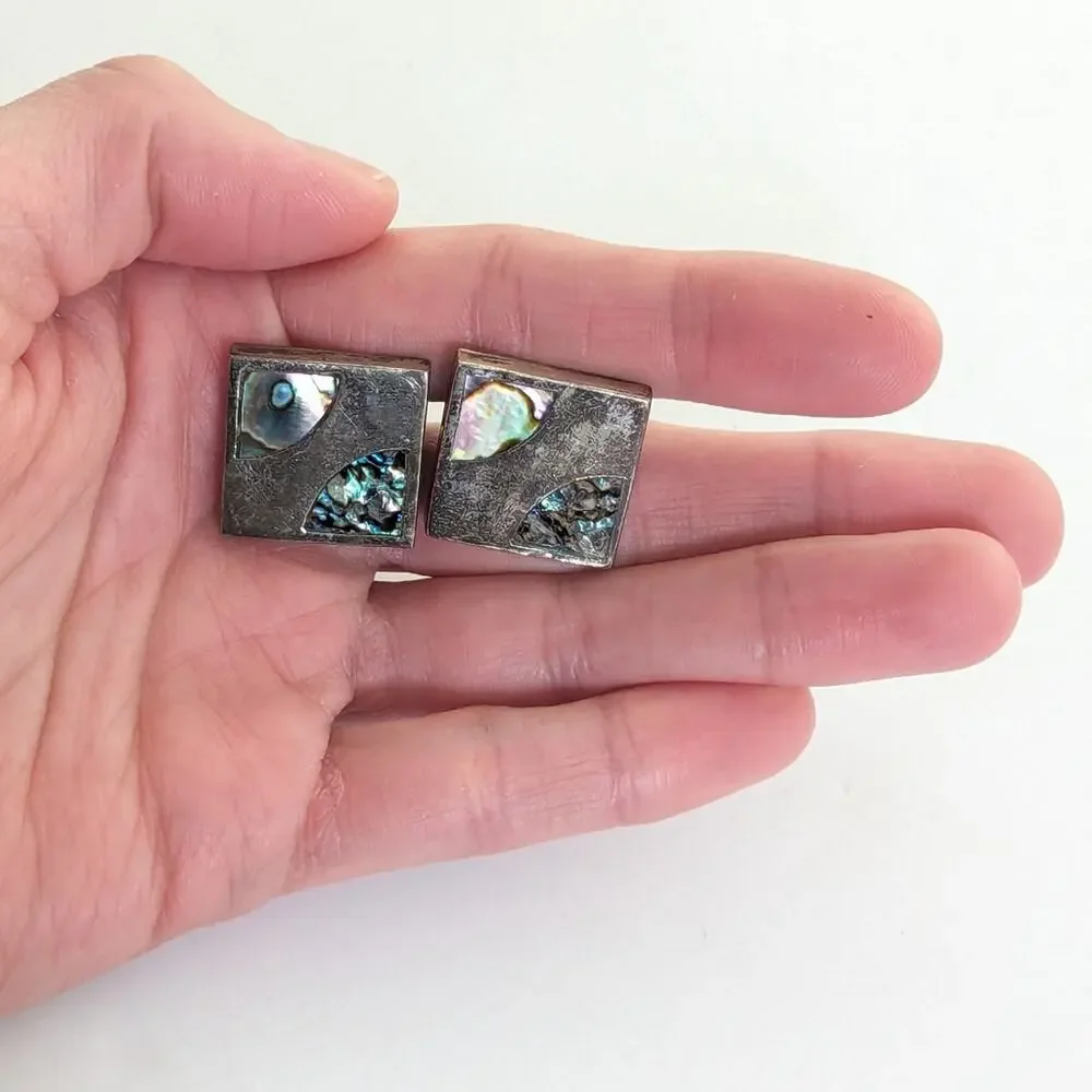 Vintage Estate Signed Sterling Silver Abalone Inlay Square Cuff Links